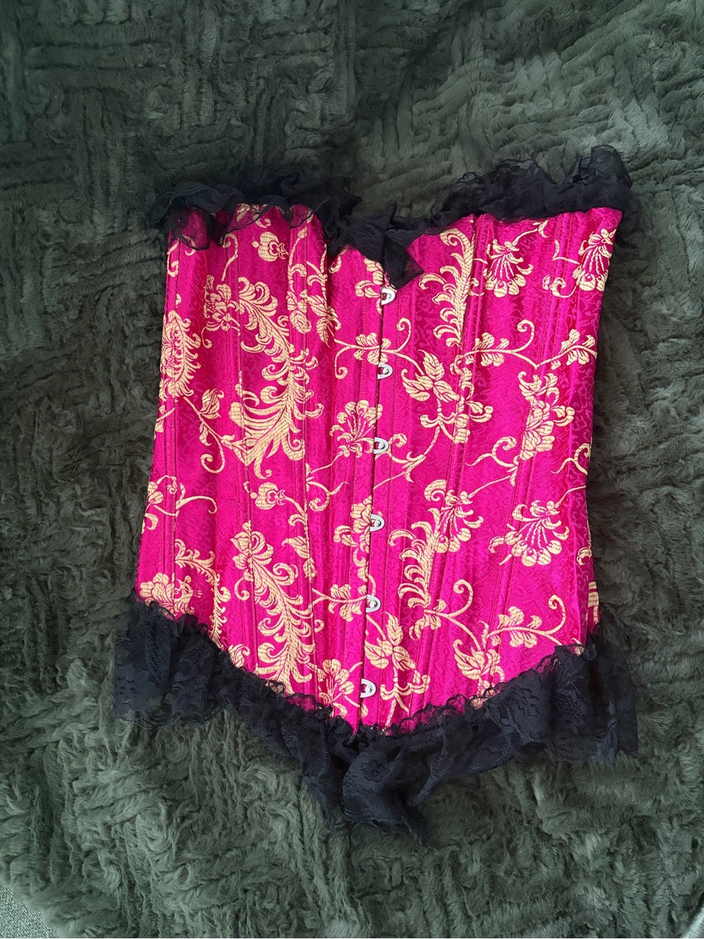 Pink Floral Brocade Lace Trim Corset Bustier